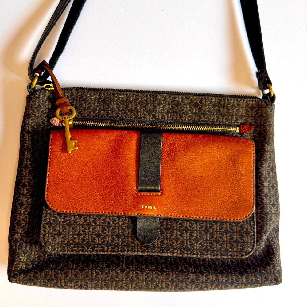 Fossil Kinsley Crossbody Black Cloth Monogram With Leather Accent Academia Bag‎